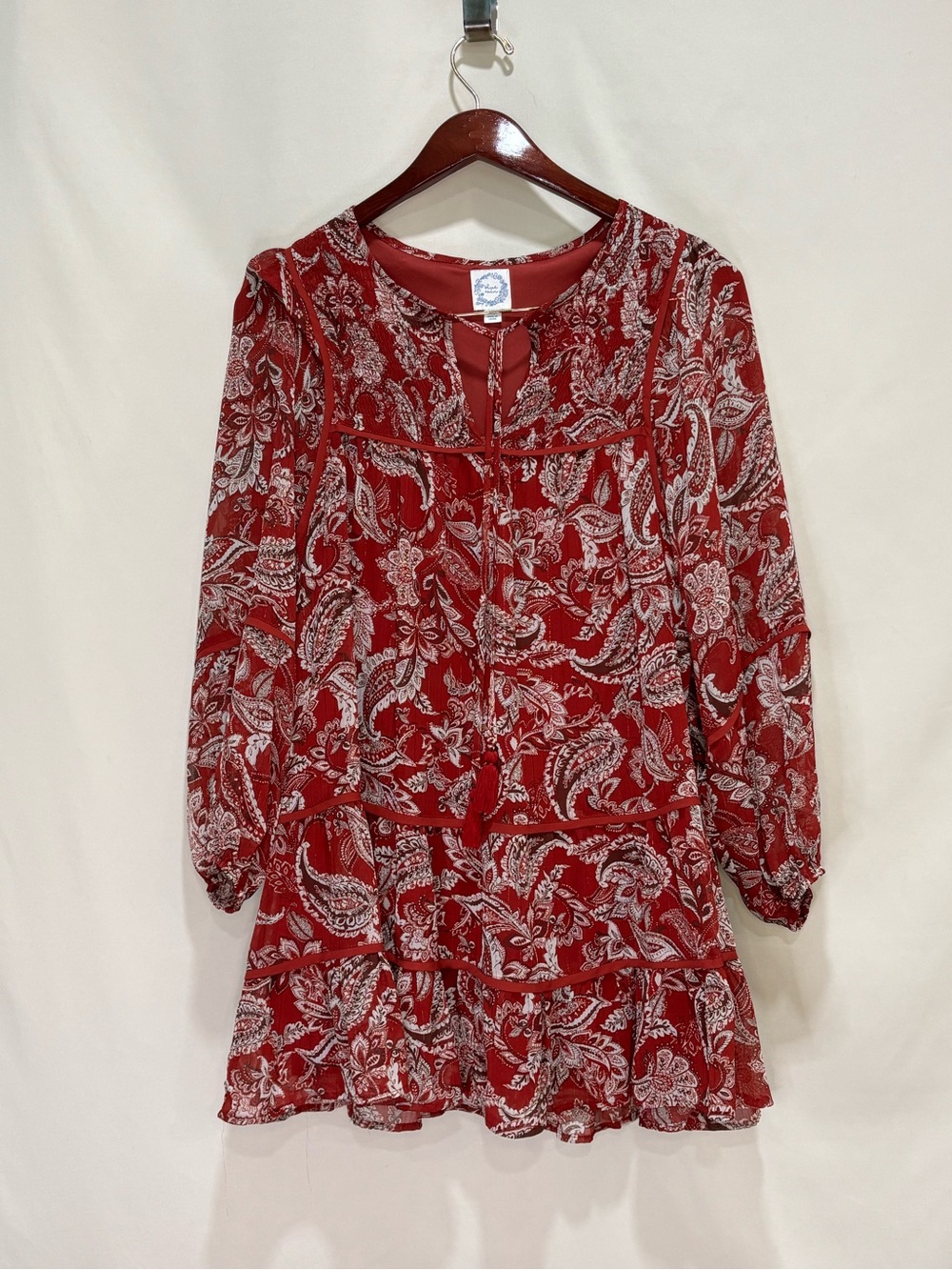 NWOT Blue Rain Red Boho Paisley Tassel Tie Ruffle Mini Dress XS